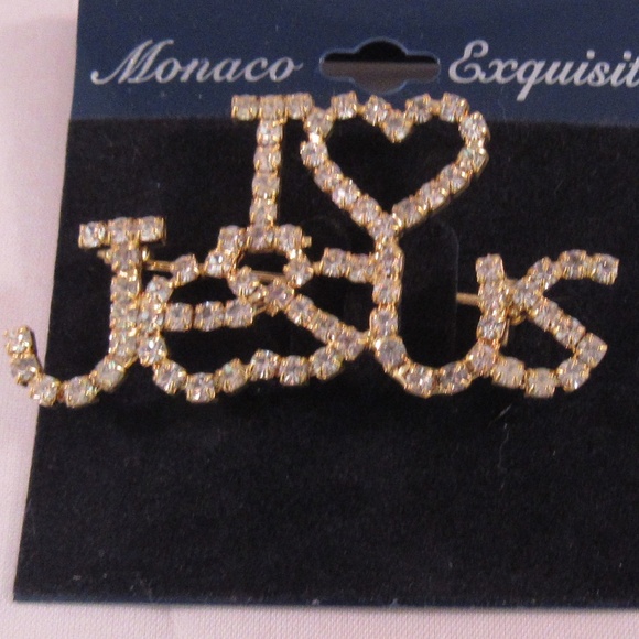I Love Jesus Gold Tone Crystal Rhinestone Brooch - Picture 2 of 3